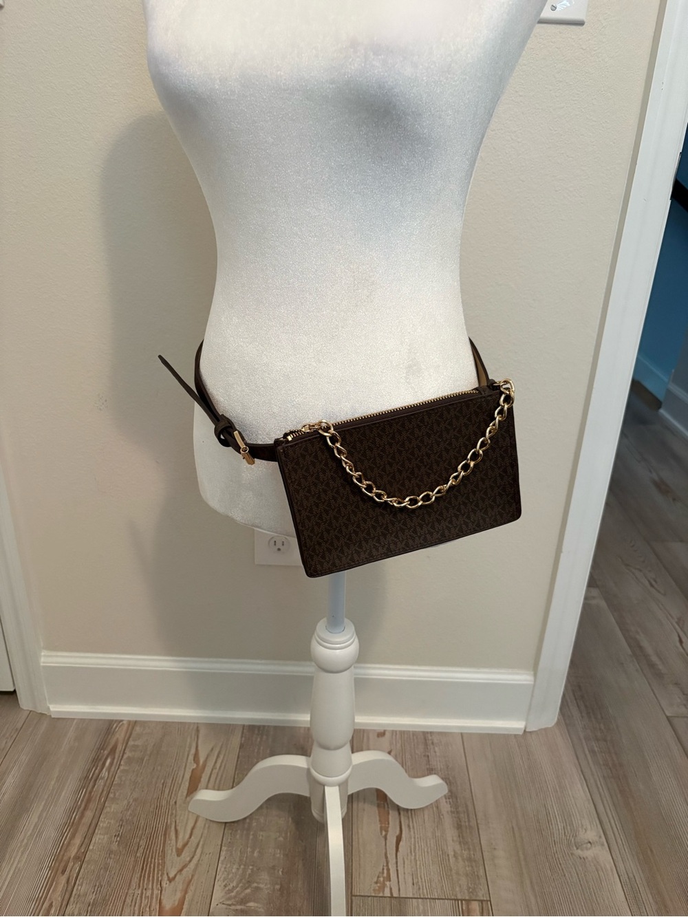 Michael Kors Dark Brown Logo Belt Bag with Gold Chain